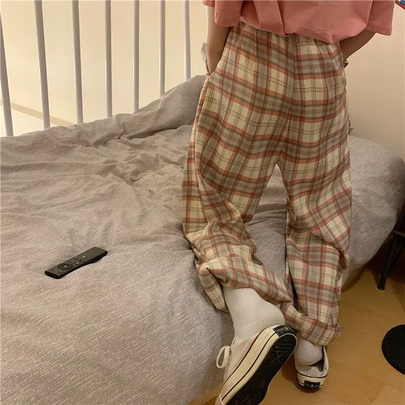 Deeptown Oversized Casual Plaid Pants Woman Harajuku Baggy Korean Fashion Thin Trousers Vintage Summer Straight Japanese Style