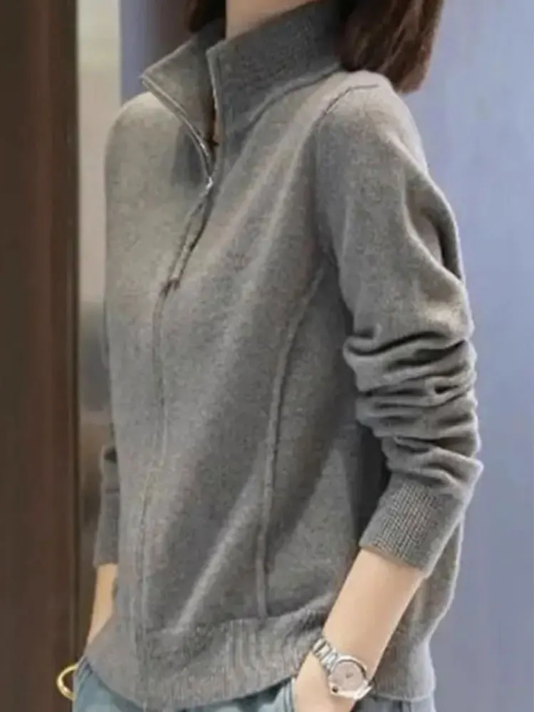 독특한 더블 지퍼 디자인 롱 스웨터 가을 겨울 신상 슬레 레저 패션 아우터웨어 엘레 스페셜