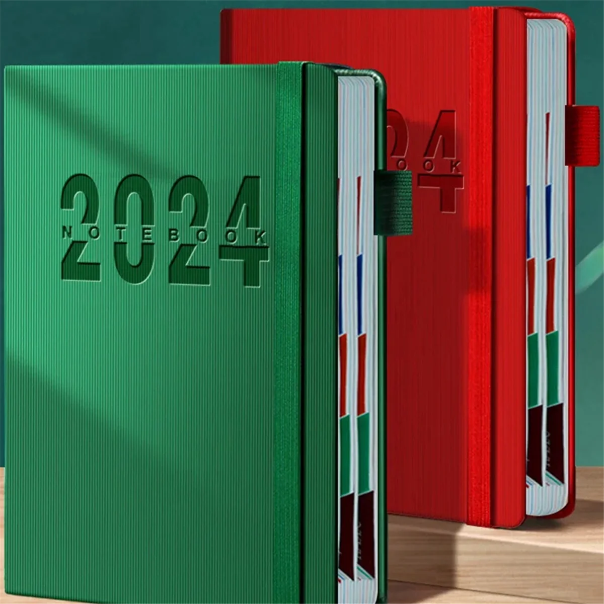 ABJS في عام 2024، كتاب الخطة اليومية 365 يومًا، كتاب الجدول الزمني اليومي صفحة واحدة، واللوازم المكتبية باللون الأحمر