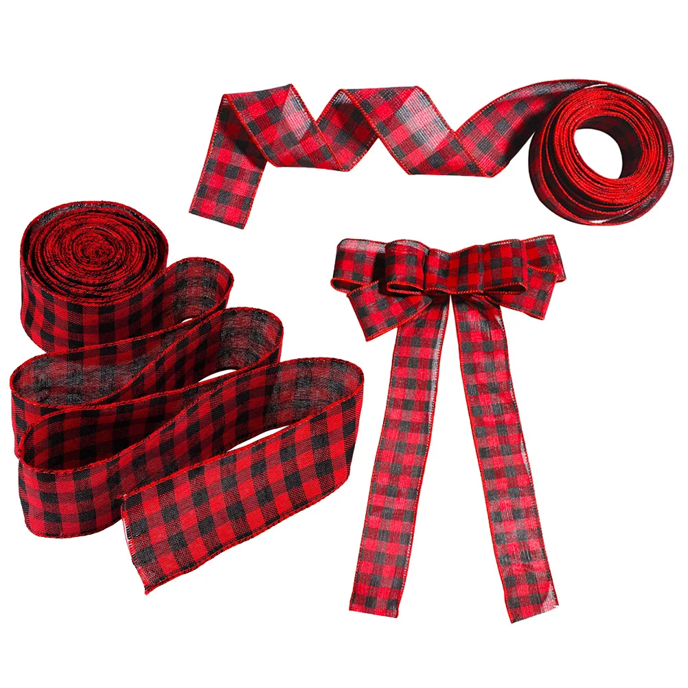 3 Pcs Decorate Christmas Plaid Ribbon Wreaths Decorations Linen Checked Ribbons