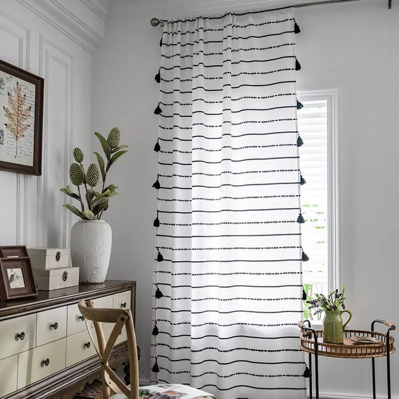 Cotton Linen American Stripes Window Curtain with Tassels Blackout Valance for The Luxury Living Room Curtains for Living Room