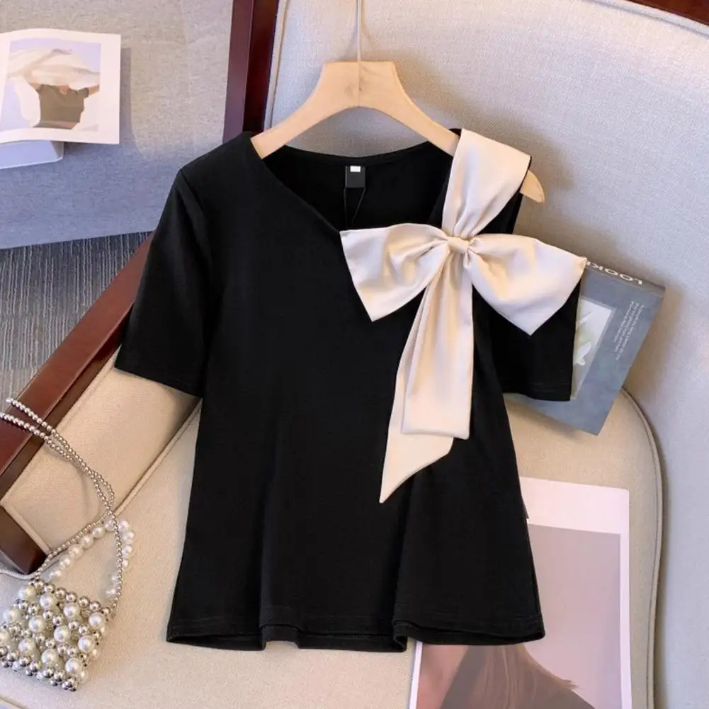 

Chic Bow Knotted Short Sleeve T shirt Elegant O neck Off Shoulder Bowtie Decor Women Sweet T Shirts Summer Women Blouse