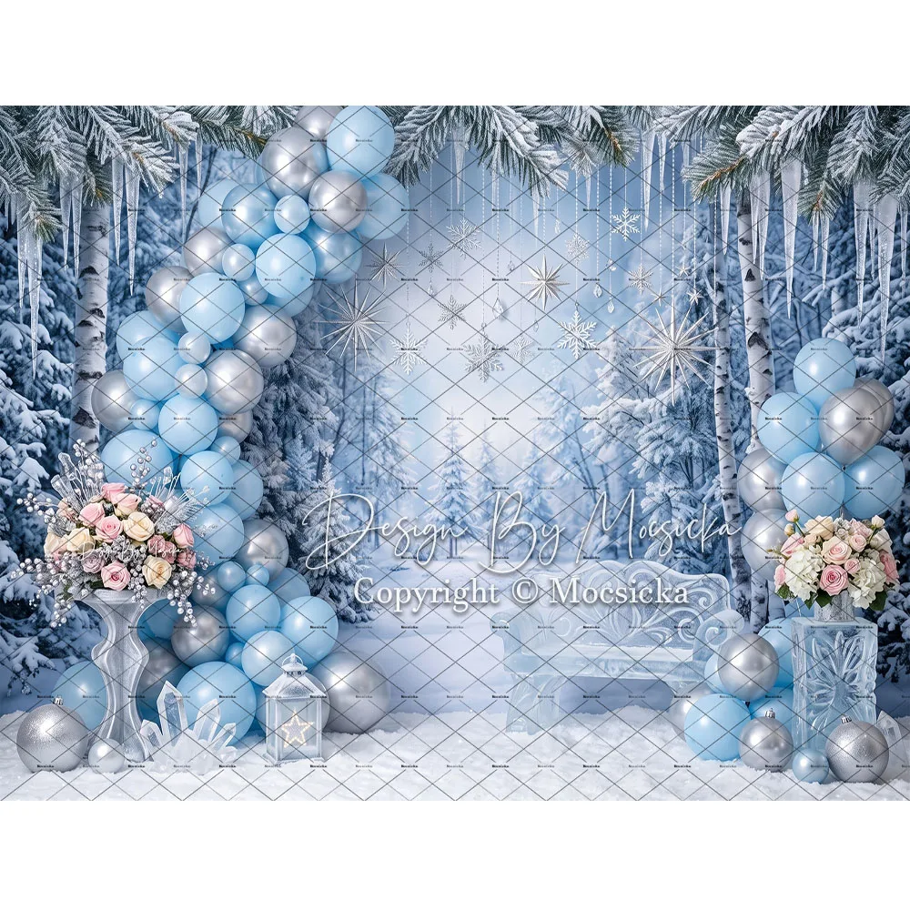 Mocsicka Christmas Frozen Backdrop Photography Snowy Pine Silver Forest Scene Background Winter Kids Cake Smash Studio Photo