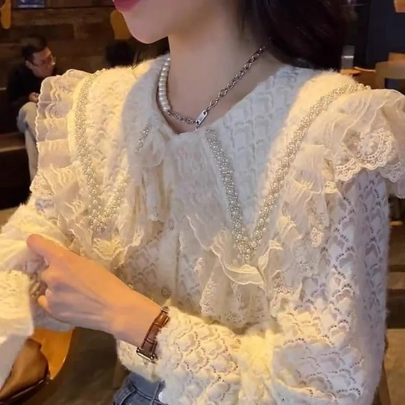 Ladies' Crochet Lace Shirt  Beads Collar Hollow Top
