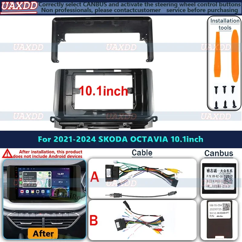 10.1 inch 2 Din car radio Frame for Skoda Octavia 2020-2024 car panel Audio CD Dash Fascia Panel Kit cable video harness Android