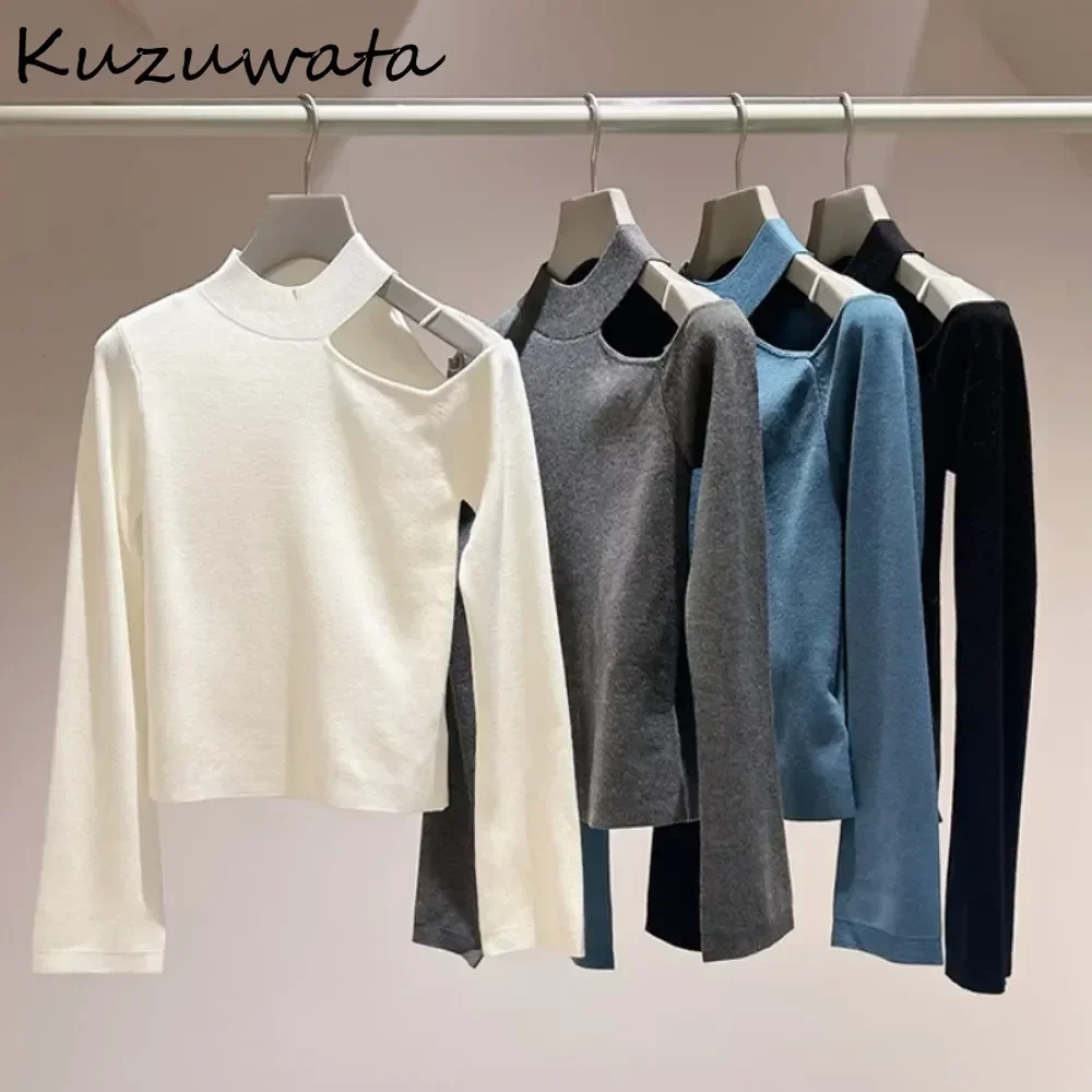 Kuzuwata Simple Soft Solid Half-high Collar Crop Top Off Shoulder Sexy All-match Casual Knitted Japan Spice Girl Slim Undershirt