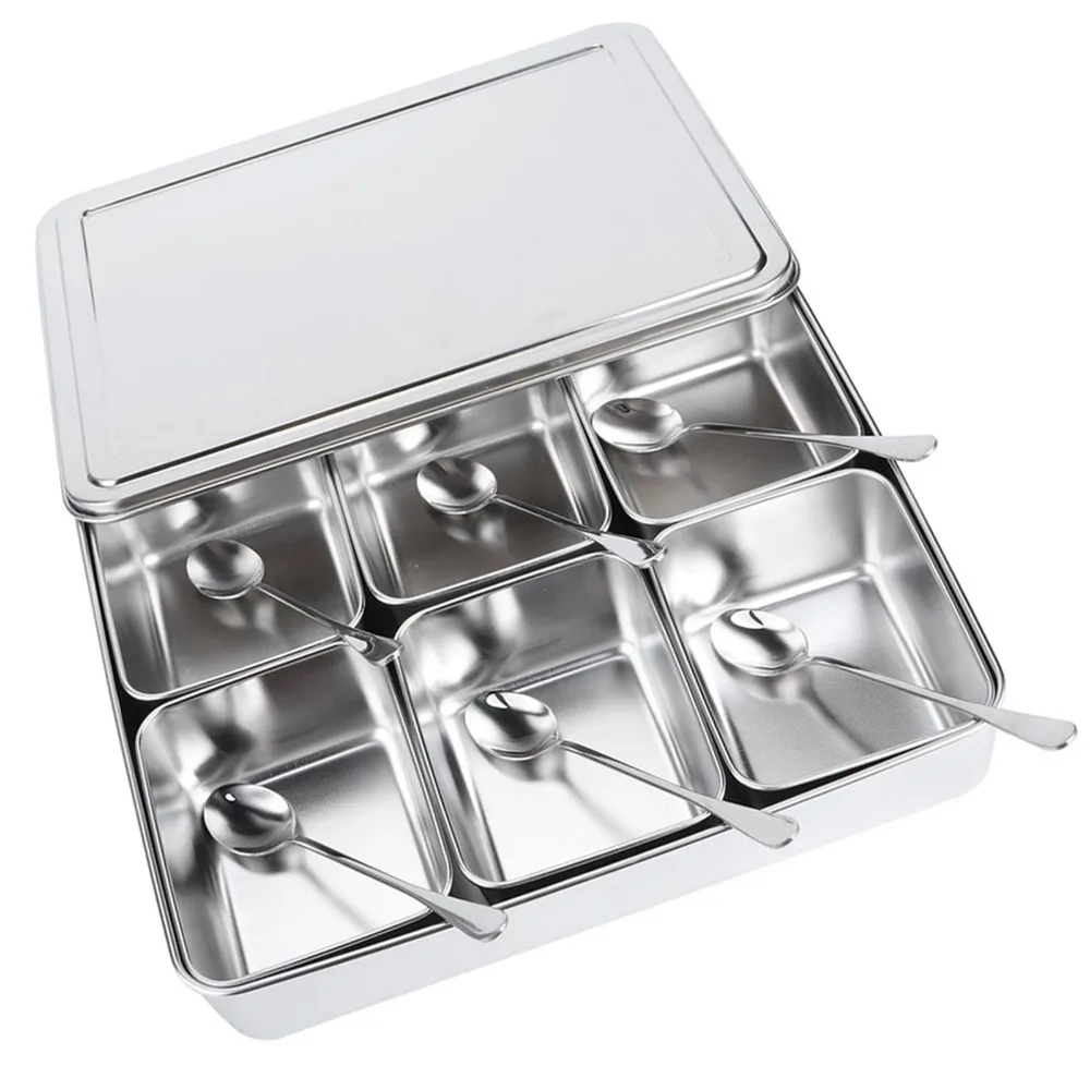 6 Grid Compartments Masala Dabba Spice Container 600ml Per Grid Stainless Steel Spice Jar Organizer Set With Spoons