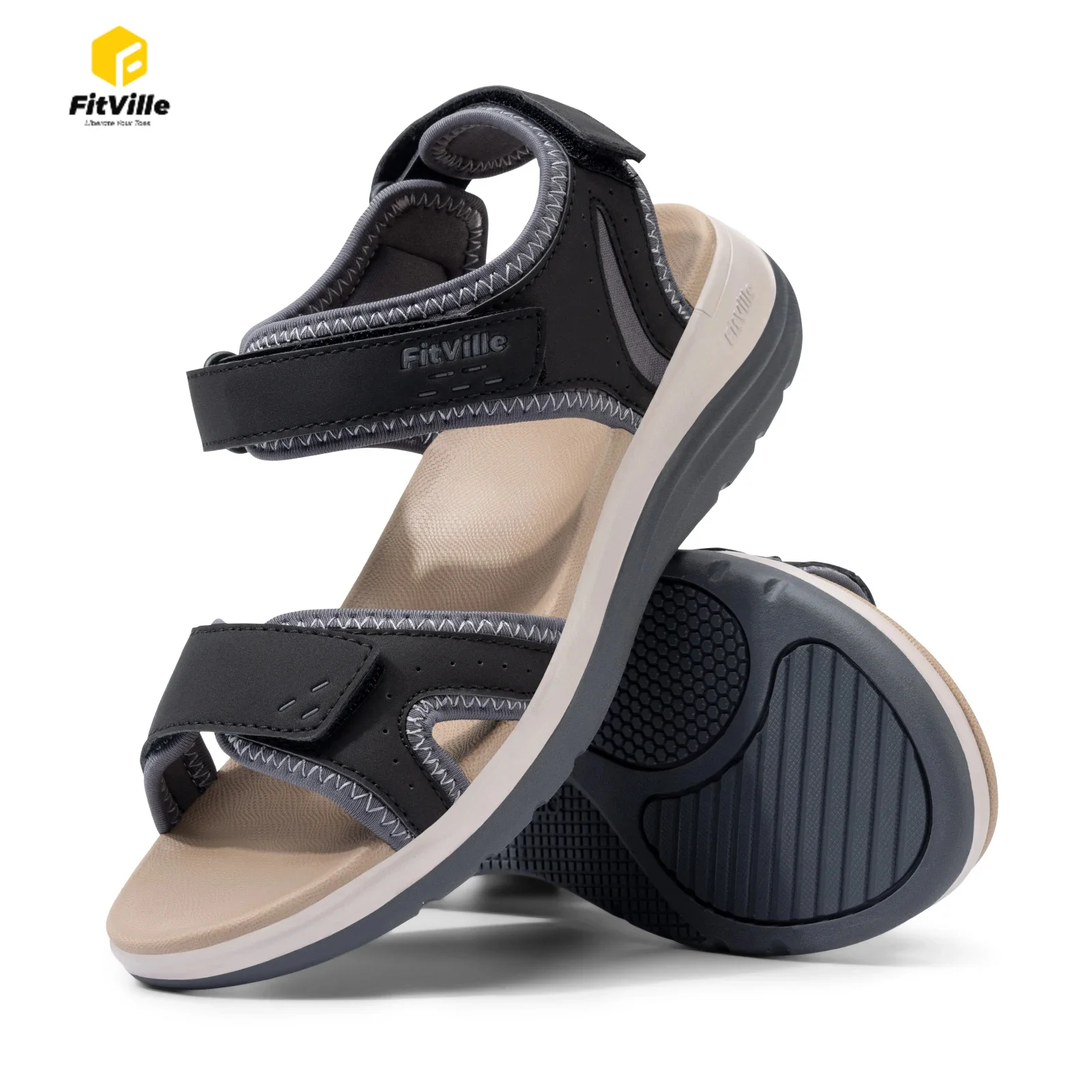 FitVille Women's Sandals Adjustable Ankle Strap for Swollen and Flat Feet Wide Arch Support Open Toe Orthopedic Sandals