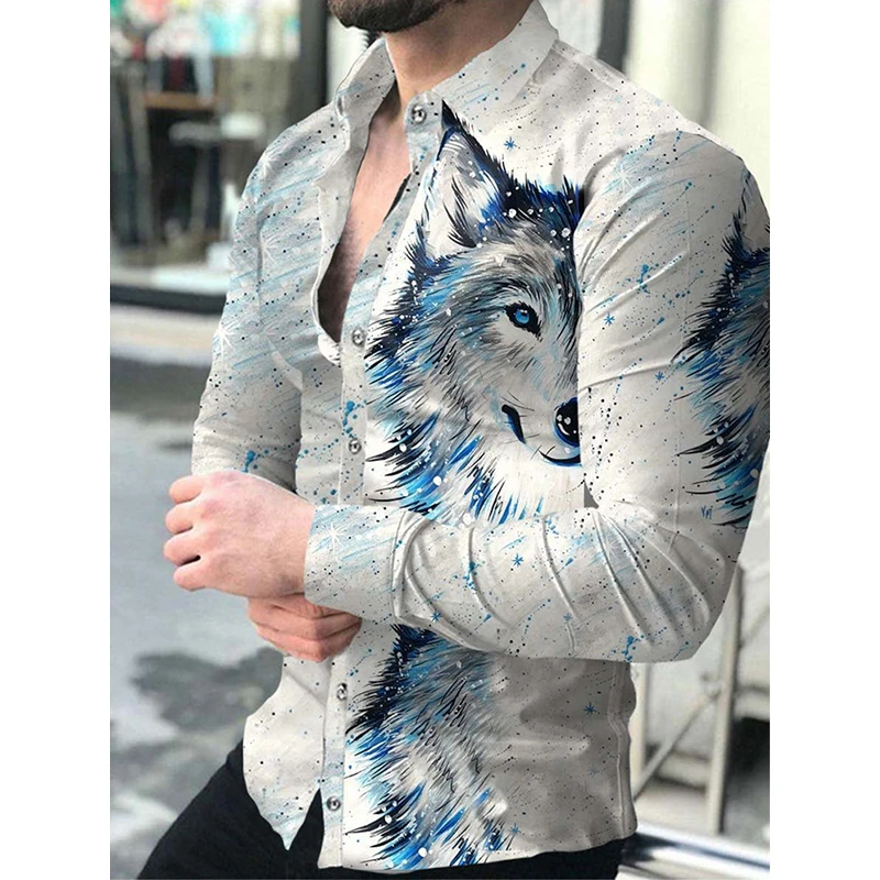 Fashion Social Men Long Sleeve Shirts Wolf Print Turn-down Collar Buttoned Shirt Casual Tops Men\'s Luxury Outdoor Clothing