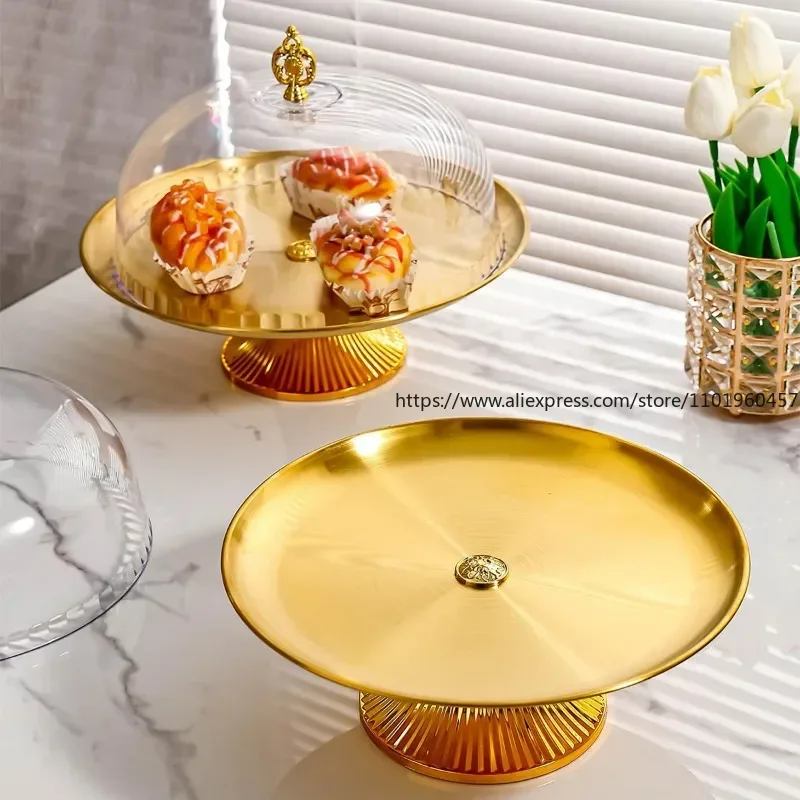 Luxury Stainless Steel Storage Tray High Stand Fruit Dish Dessert Cake Plate with Lid Wedding Party Home Living Decoration Room