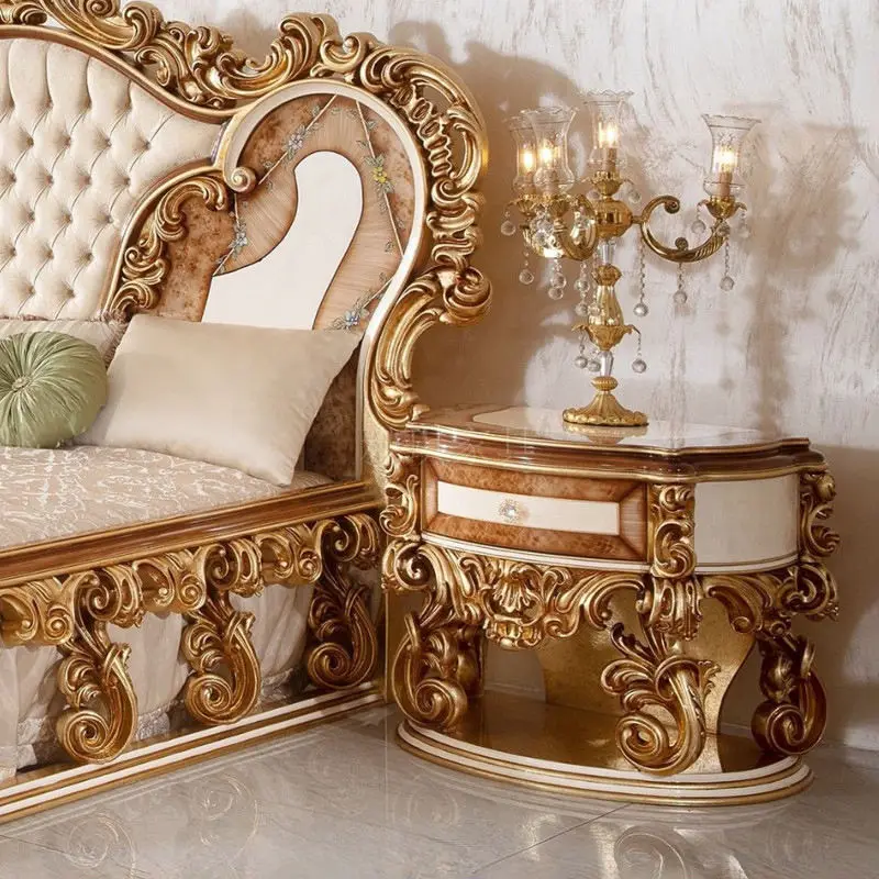 European French luxury palace king bed antique gold leaf bed bedroom furniture