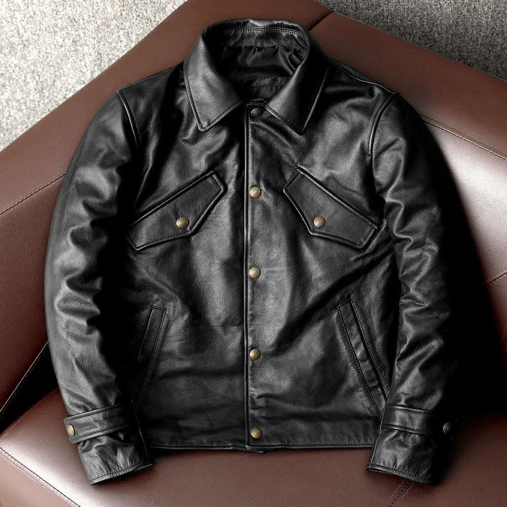 Classic Fashion Black Leather Jacket Men Slim 100% Real Cowhide Jackets Man Genuine Leather Coat Autumn Spring Asian Size 5XL