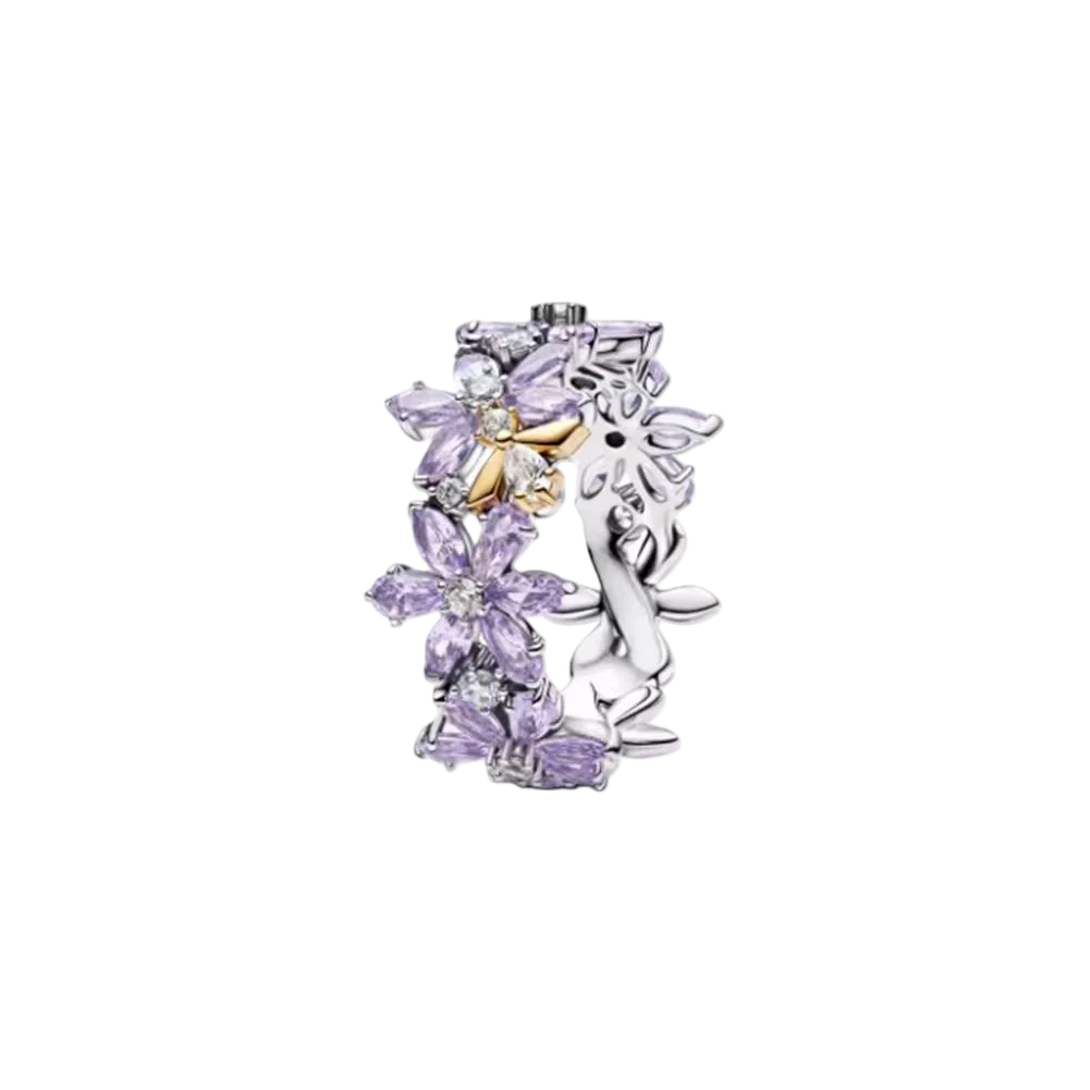S925 Silver Purple Ice Linghua Full Diamond Bee Bow Adjustable Bracelet Ring Necklace Fashion Trend Earrings