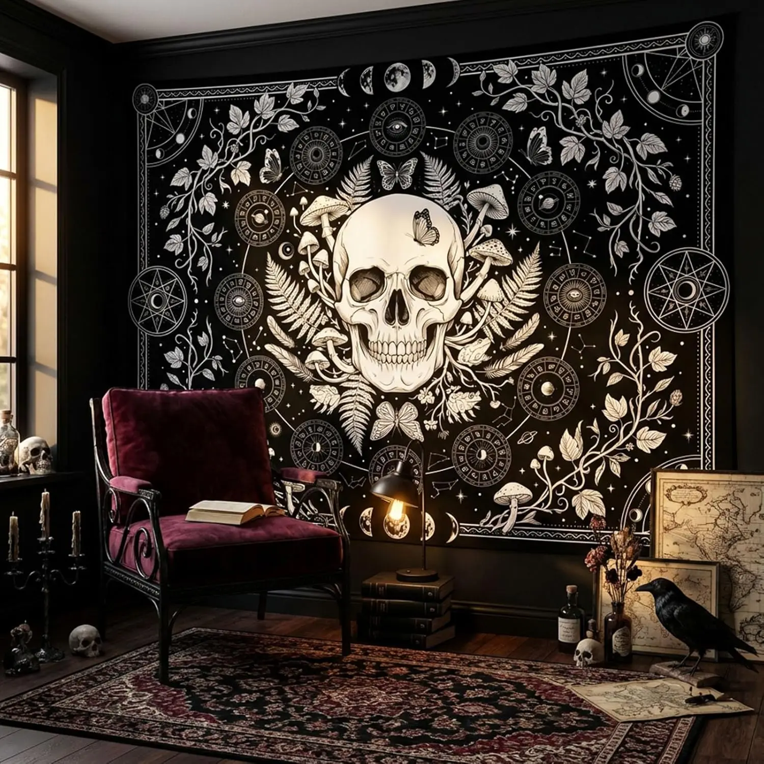 Steampunk Skull Tarot Witchy Gothic Boho Tapestry Wall Hanging Artwork Decoration Bohemian Style Poster Room Banner