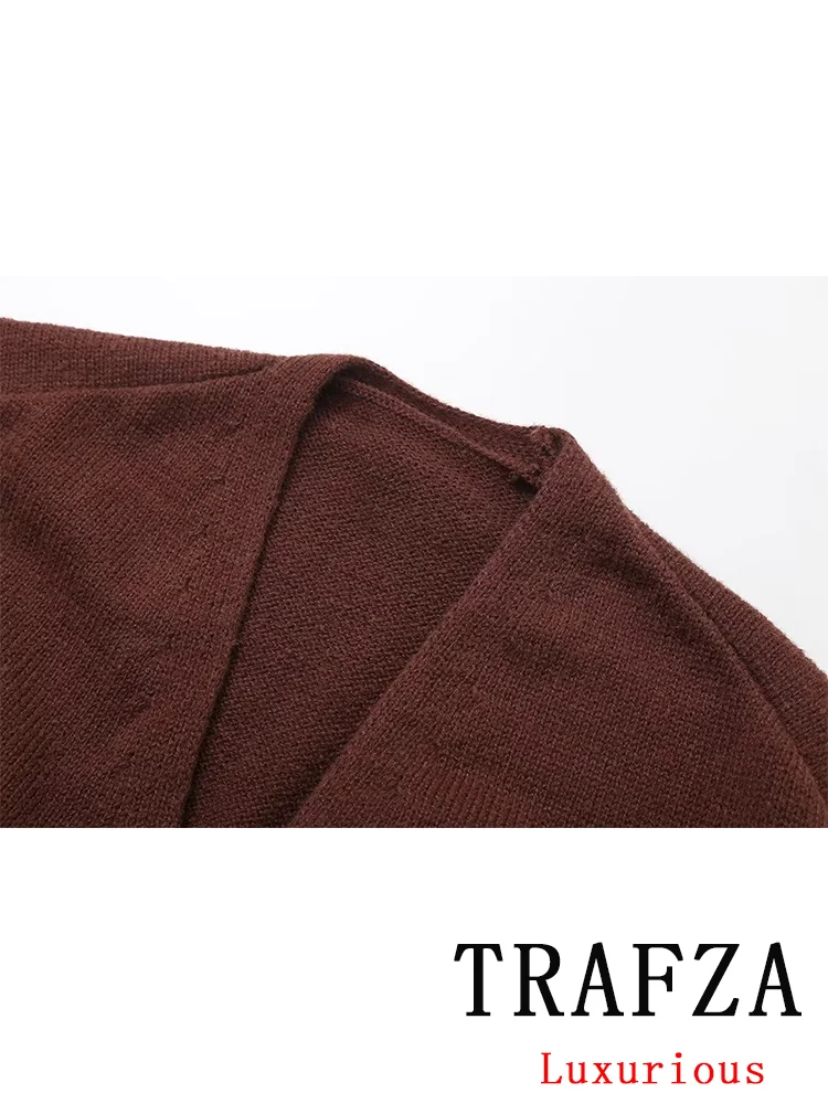 TRAFZA Vintage Casual Chic Women Sweater Solid V Neck Singe Button Long Sleeve Knitted Cardigans Fashion 2024 Autumn Sweaters