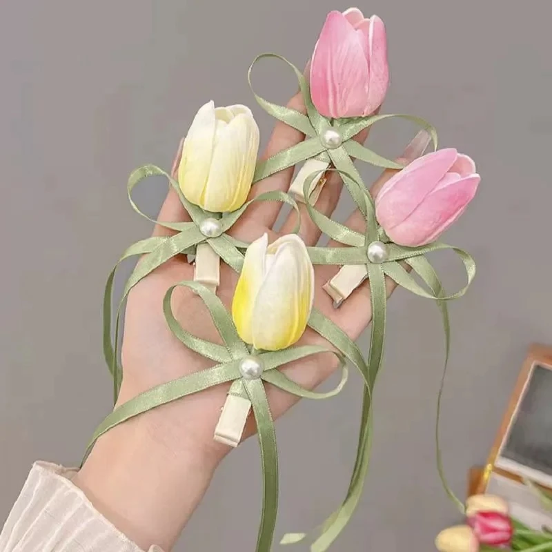 

2pcs Sweet Cute Tulip Tulip Hairpin Pearl Flower Pearl Flower Hairpin Silk Duckbill Clip Silk Ribbon Headwear Duckbill Clip