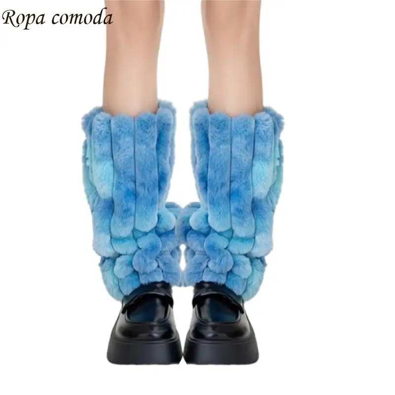 

MXMA Women Tie Dye Plush Leg Warmer Winter Fuzzy Knitted Boot Toppers Footless Socks
