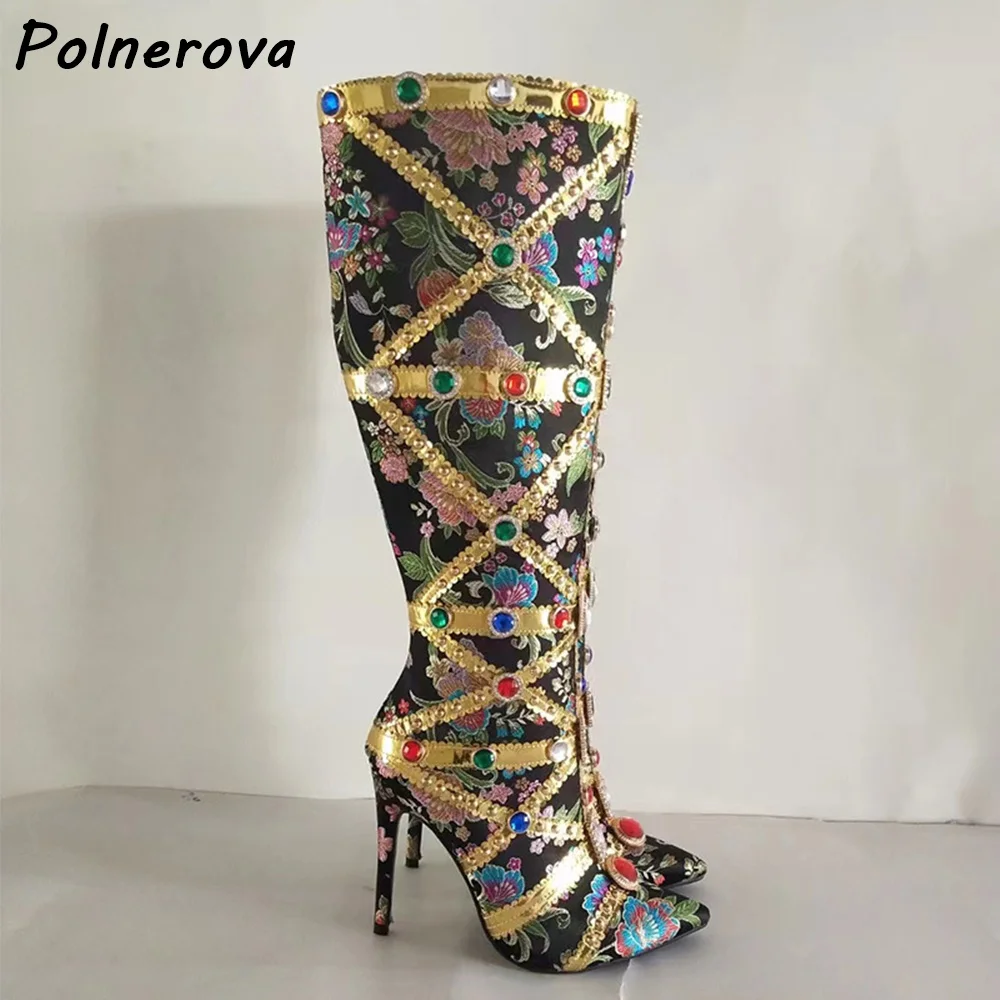 Vintage Floral Brocade Knee High Boots Pointed Toe Color Gem Rhinestone Gold Trim Side Zipper Boots Luxury Baroque Style Shoes