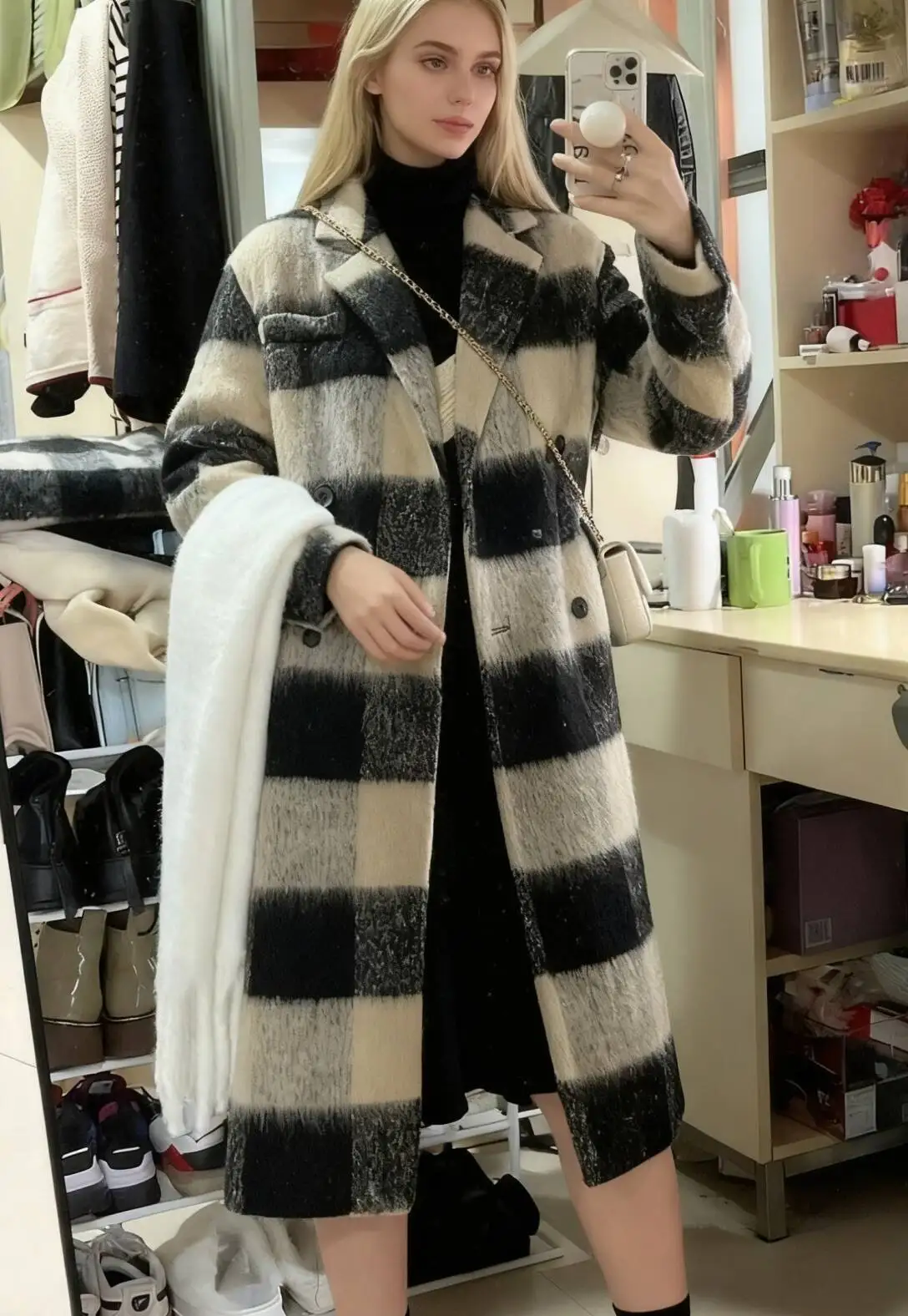 

Wool Blend Coats Womens Woolen Coat Print Autumn Velvet Stand-Up Collar Sashed Elegant Mature Parisian Style Office Lady Commute