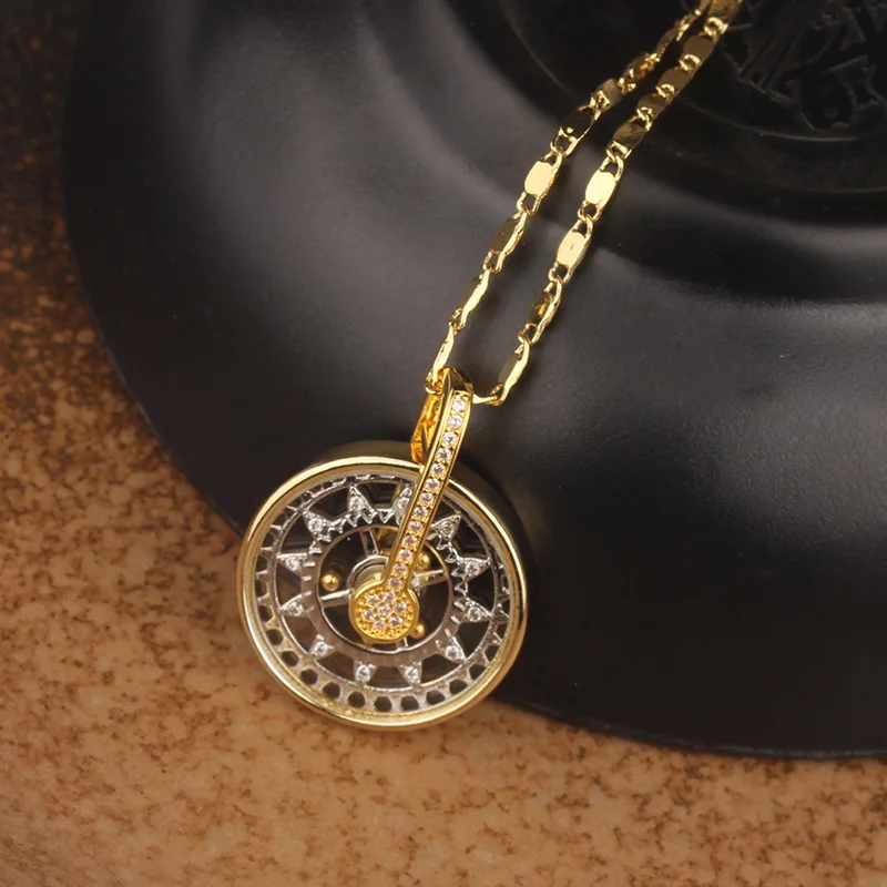Chinese Style Auspicious Good Luck Rotatable Rose Gold Pendant Necklace Inlaid Sparkling Rhinestone Transparent Glass Fortune