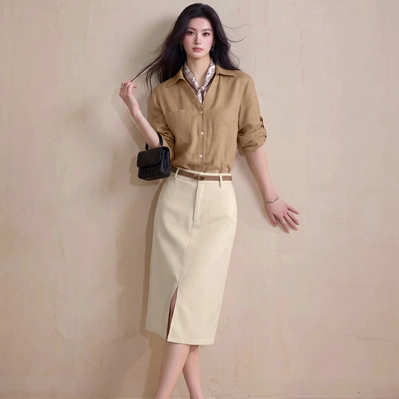 Early Autumn Gentle Atmosphere Two-Piece Set with Belt  And Scarf Old Money Style Soft Set Women's Fashion Ensemble