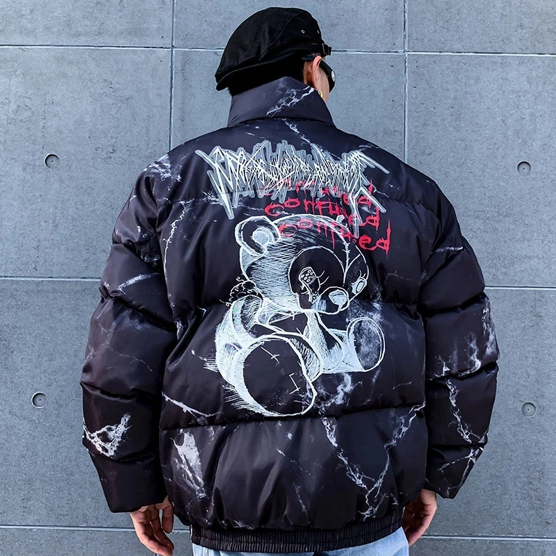 Down Parkas Jacket Men Psychology Hurt Bear Print Hip Hop Warm Coats Winter Cartoon Thick Padded Puffer Quilted Parka Women New