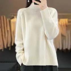 Sweater Knitted Women's Clothing Solid Color Pullover Lantern Long Sleeve Screw Thread Autumn Winter Half High Collar Tops
