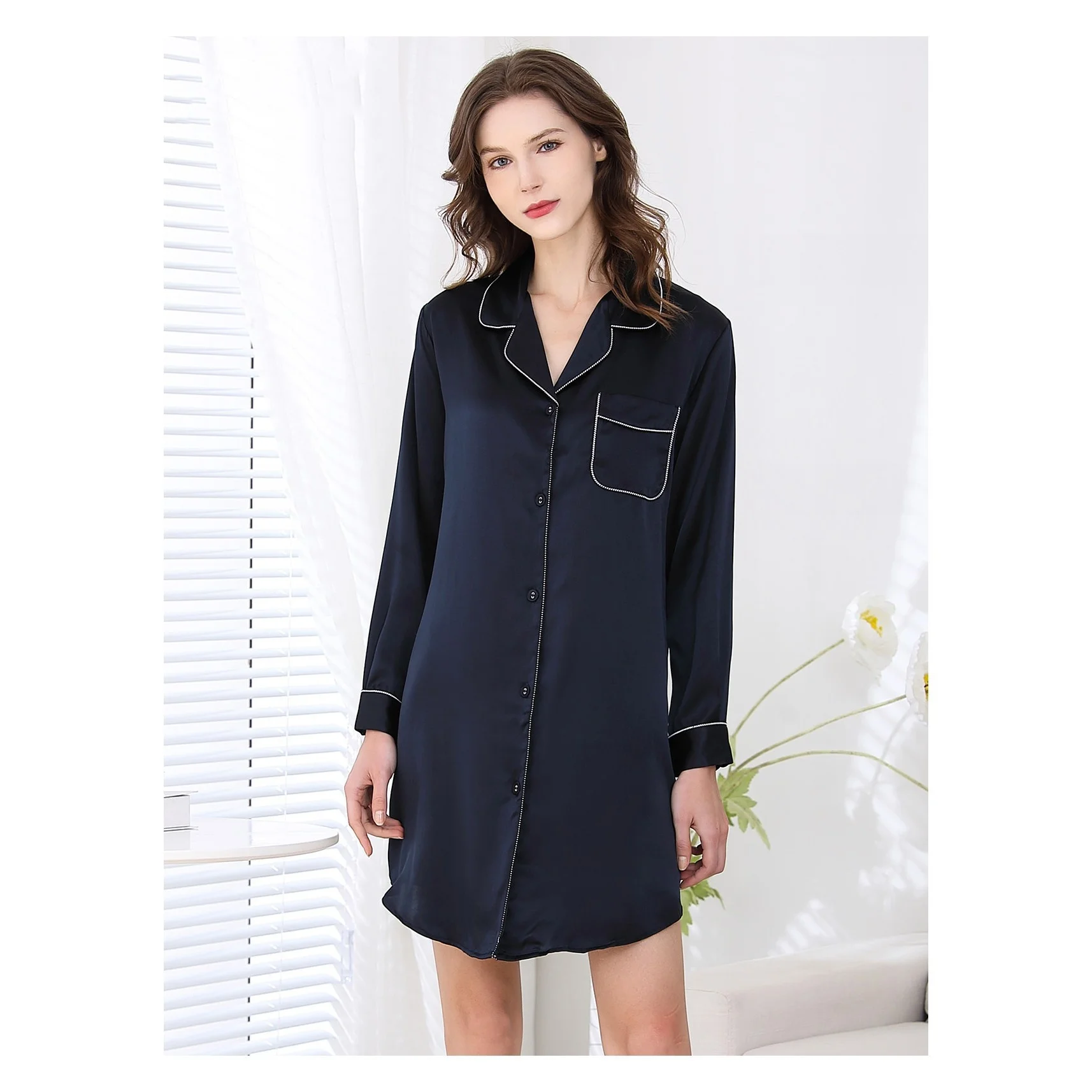 

Pure Silk Solid Color Sleeping Shirt Night Dress Long Sleeve Nightshirt For Home Wear 100% Mulberry Silk Nightgowns For Women