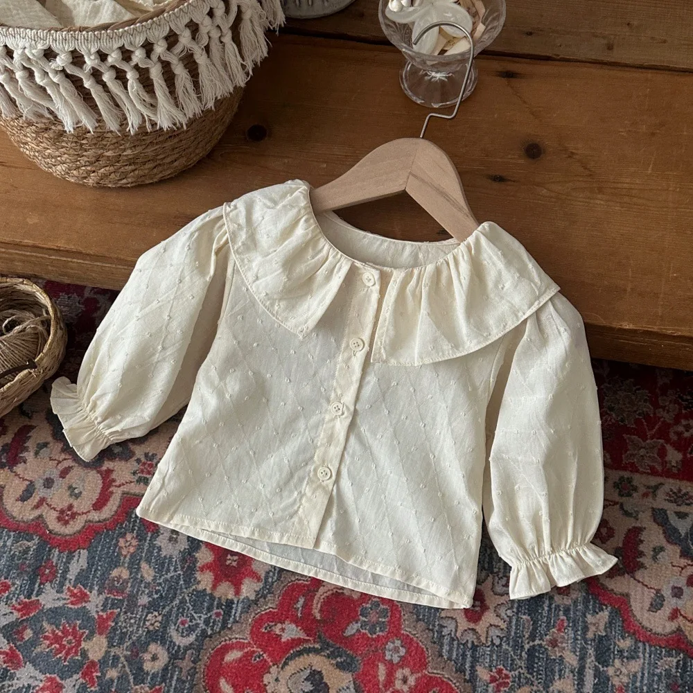 Spring and Autumn 2026 Infant Lotus Leaf Collar Floral Edge Short Sleeve Shirt Embroidered Lace Collar Top