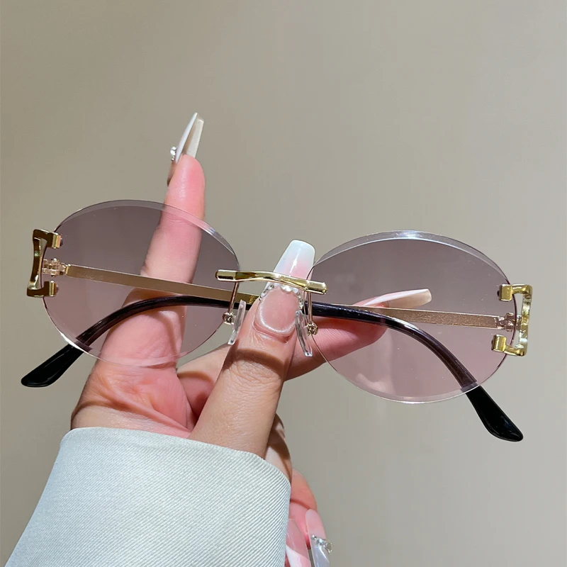 KAMMPT Rimless Oval Sunglasses Men Fashion Luxury Brand Design Statement Shades Women Trendy Vintage Gradient Decor Sun Glasses