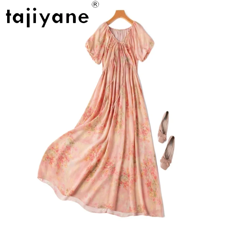 

TAJIYANE 100% Шелковые длинные платья из тутового шелкопряда для женщин, высококачественные платья с V-образным вырезом, летние платья для отпуска, женская одежда 2025, Vestidos