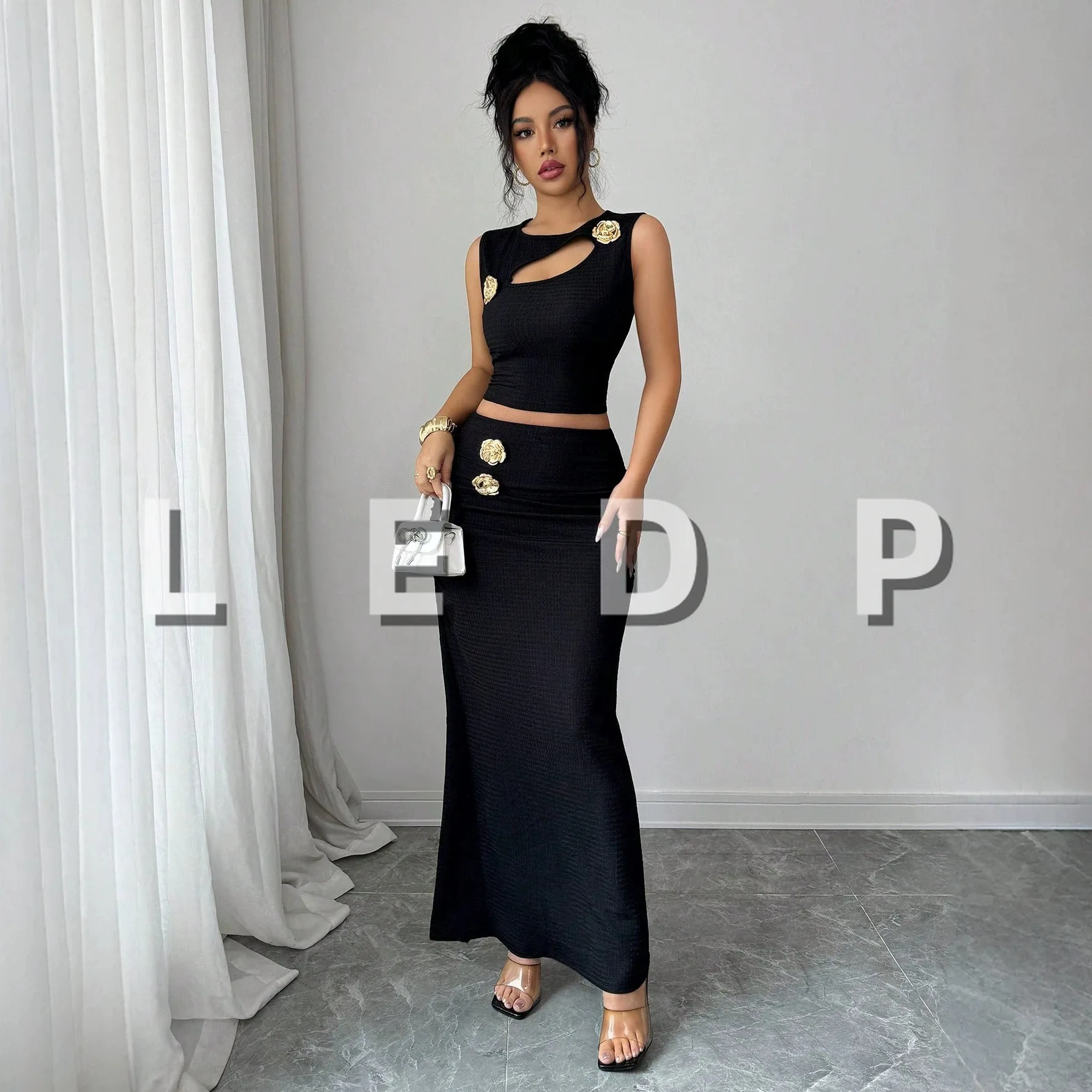 LEDP Metal Hollow Texture Sleeveless Top  Hip-covering Long Skirt, Slim Suit, European and American Style Versatile and Slimming