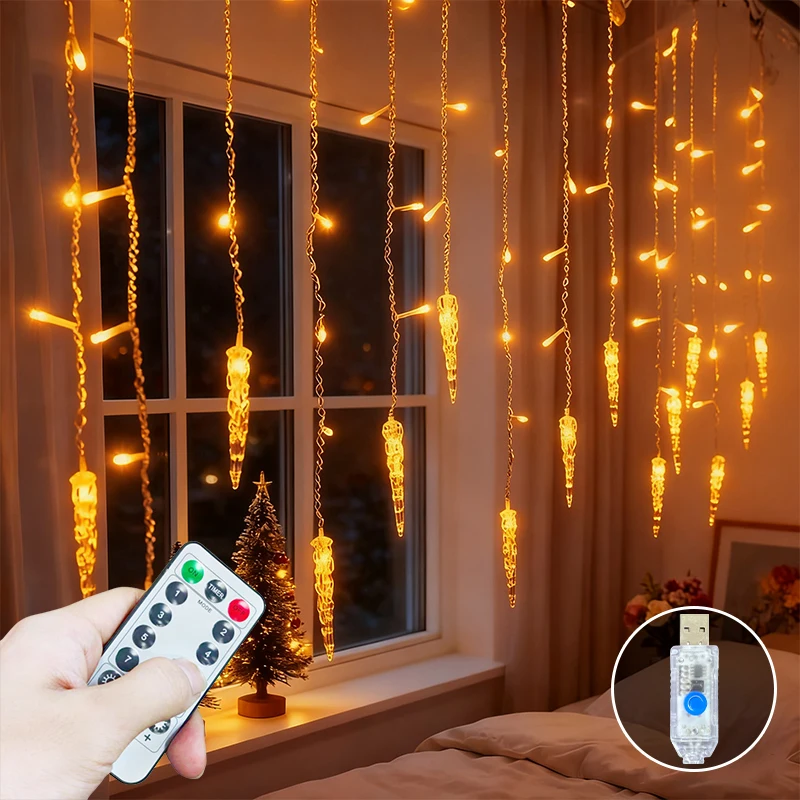 Remote USB Icicle Lights String 8 Lighting Modes Flash Wave Steady LED Garland for Bedroom Window Festival Decoration