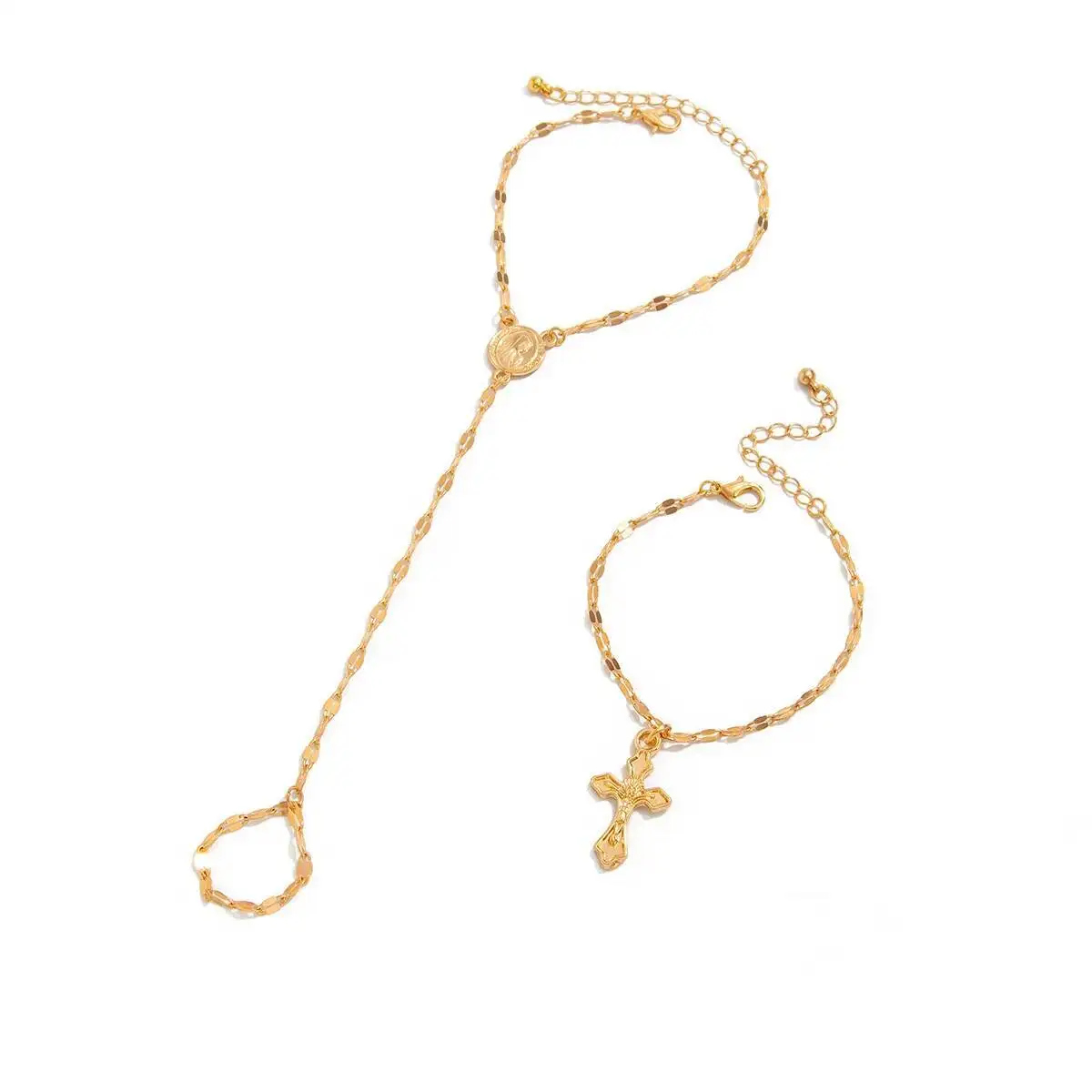 

PuRui Exquisite Elegant Gold Color Cross Pendant Finger Ring Chain Bracelet Women's Fashion Vintage Charm Metal Bangle Jewelry