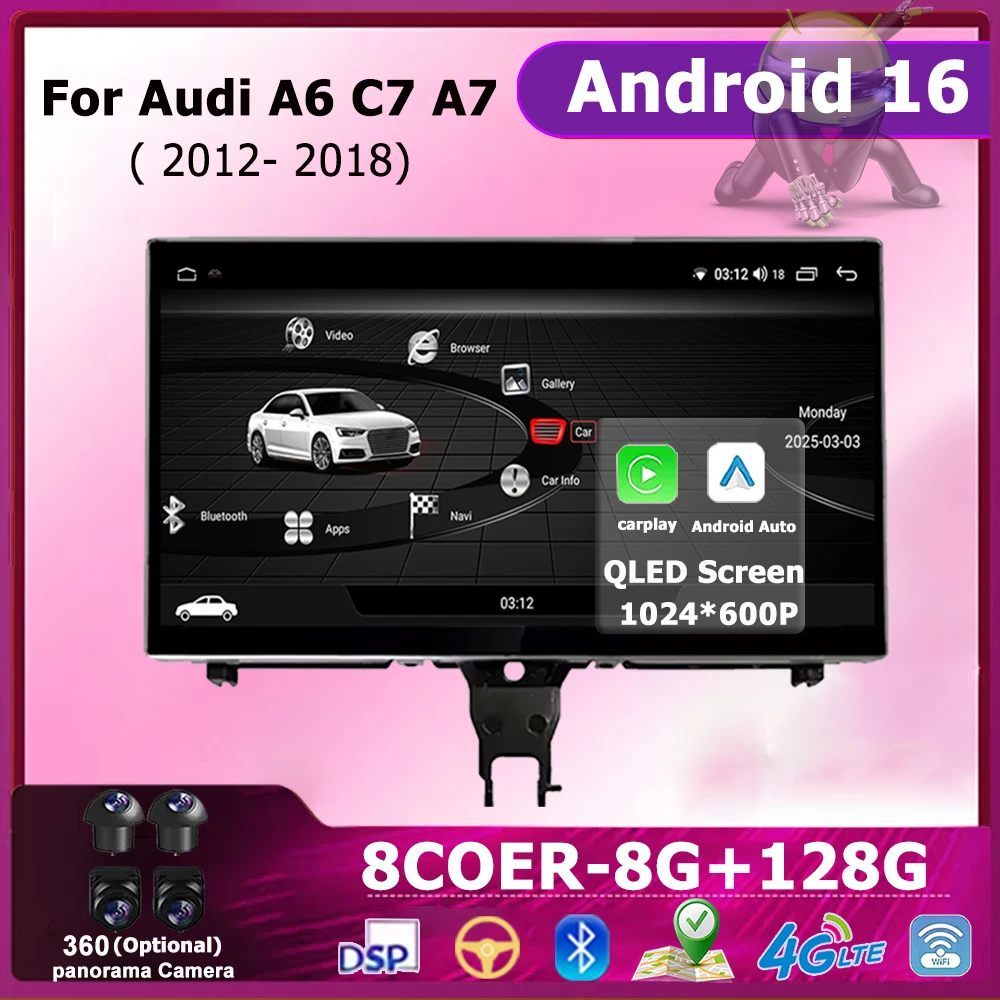 Carplay Car Multimedia Android 16 For Audi A6 C7 A7 2012-2018 QLED Touch Screen Player WIFI Music Stereo GPS Navi Auto Radio DSP