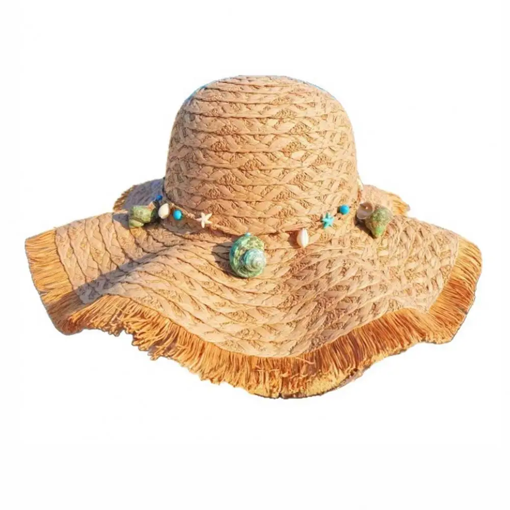 Breathable Summer Hat with Wide Wavy Brim Conch Beads Decor Adjustable Size Foldable Travel Sun Protection Hat