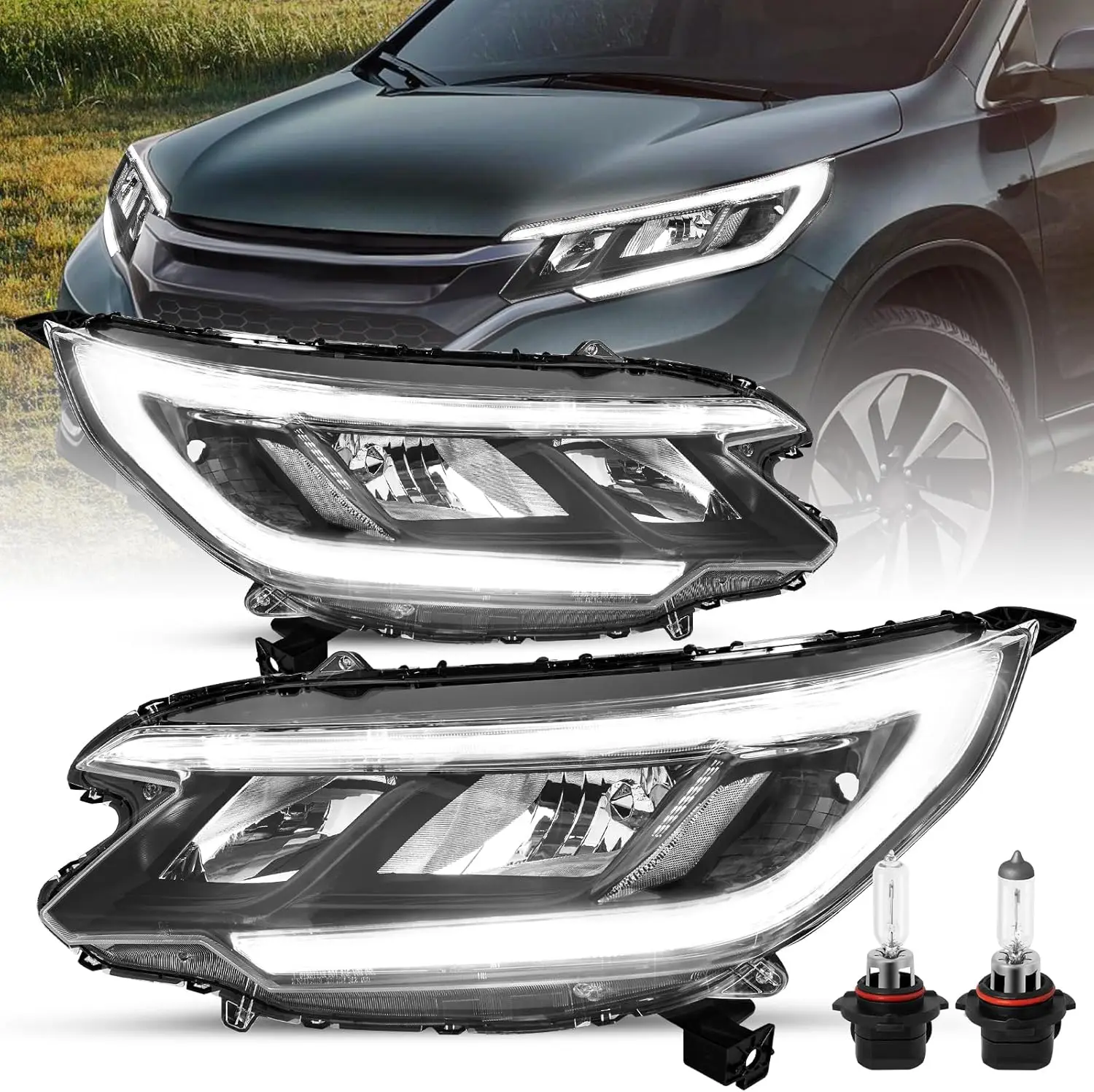 

Замена фары в сборе с лампами для галогенной фары Honda CR-V 2015-2016 годов со светодиодным DRL, черный корпус с прозрачным отражателем