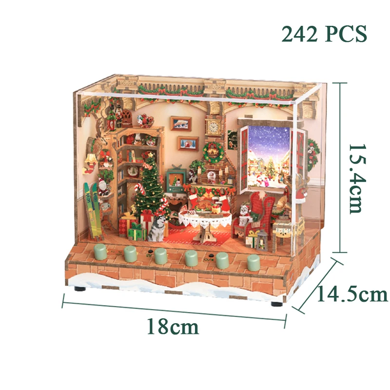 DIY 3D Houten Puzzel Kersthuisje Miniatuur Model Kits met Muziek Geluid Kerstman Casa Legpuzzels voor Vrienden Geschenken