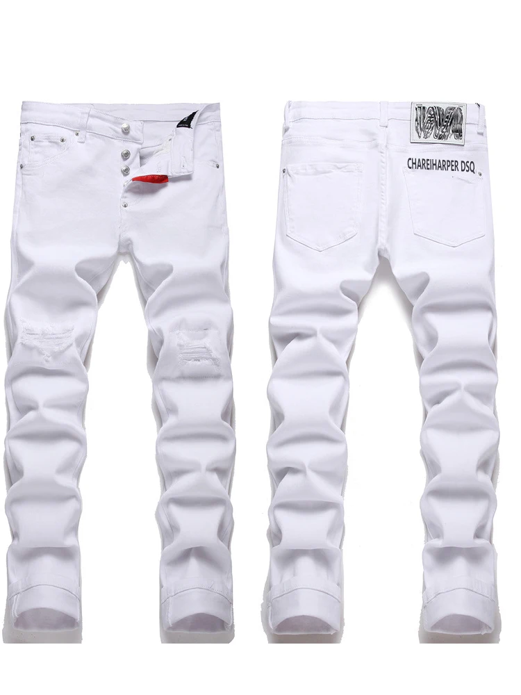 Jeans Charharper slim branco para homens, jeans rasgado de algodão, pequeno buraco capital, quatro estações, lazer, design italiano, 1333