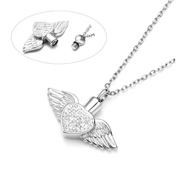 Stainless Steel Rhinestone Heart&Angel Wing Memorial Urn Necklace Pendant Women Keepsake jewelry for ashes cremation