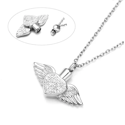 Stainless Steel Rhinestone Heart&Angel Wing Memorial Urn Necklace Pendant Women Keepsake jewelry for ashes cremation