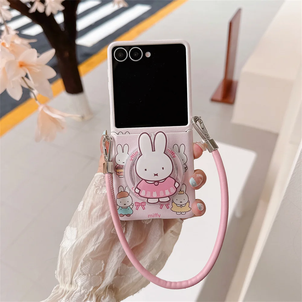 

Kawaii Pink Miffy Rabbit Magnetic With Stand Phone Case with Hand Rope for Samsung Galaxy Z Flip6 7 FE Flip7 Flip6 Flip5 6 Cover