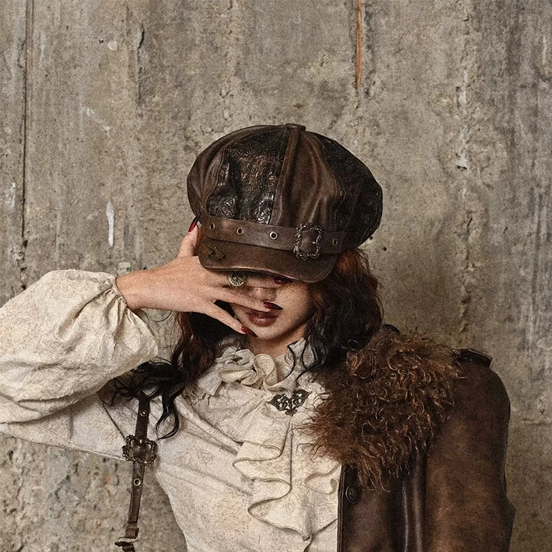 Gothic Y2K Steampunk Brown Leather Octagonal Cap Retro Old Rivet Casquette Hat Punk Beret Cap Sailor Hats For Men Women