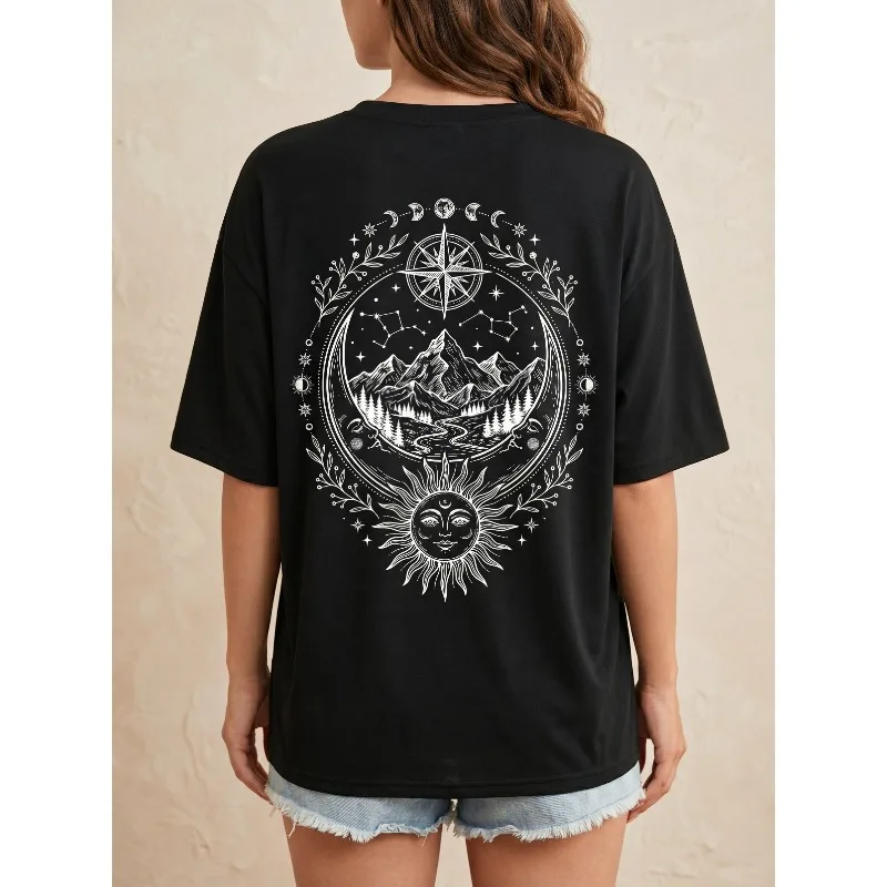 Tianshan Compass Pattern T-shirt Y2K Gothic Style Unisex Trendy Aesthetic T-shirt