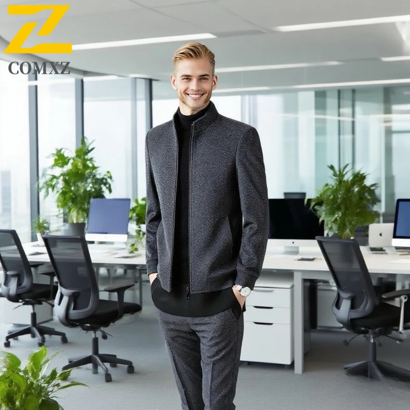 

COMXZ Men Wool Jacket 2025 Warm Lapel Zipper Business Office Work Winter Coat Casual Golf Travel Outwear Windproof Woolen Coat
