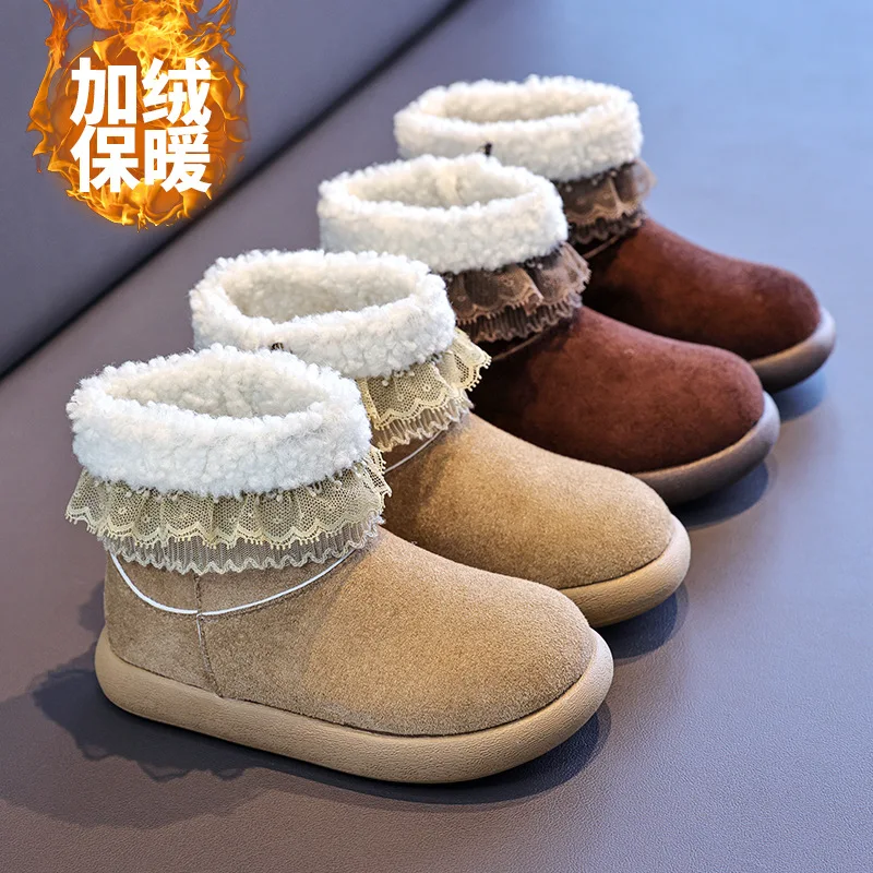 Kids'Snow Boots PU Leather Lace Winter Fashion Outdoor Thick Bottom Shoes For Children Warm Anti-slip Brown Khaki Size 26-37