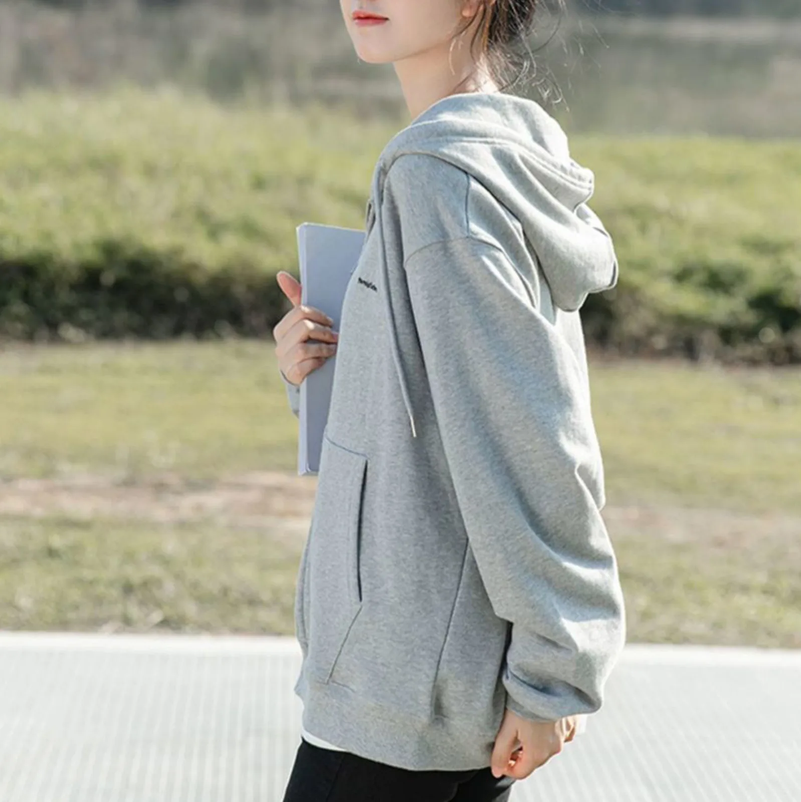 Gray Zip Up Hoodies 2024 New Casual Oversized Hoodie Pocket Drawstring Long Sleeve Autumn Sweatshirt Sudaderas Para Mujer