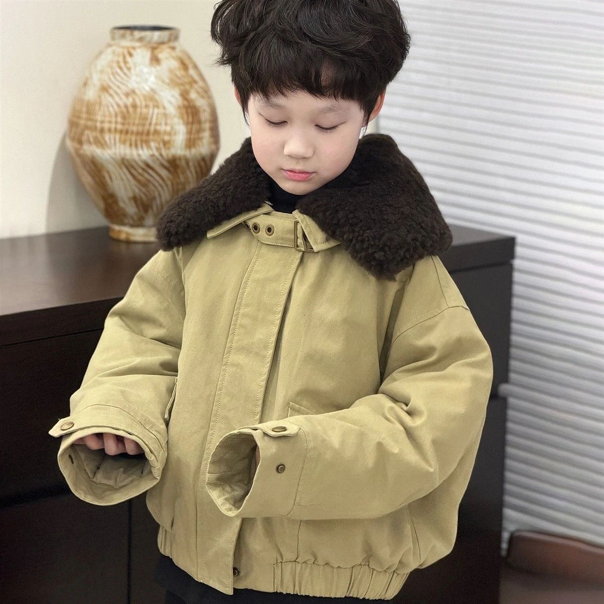 2026 Boys Winter Fleece Collar Padded Jacket Kids Thickened Workwear Coat Children Warm Outerwear