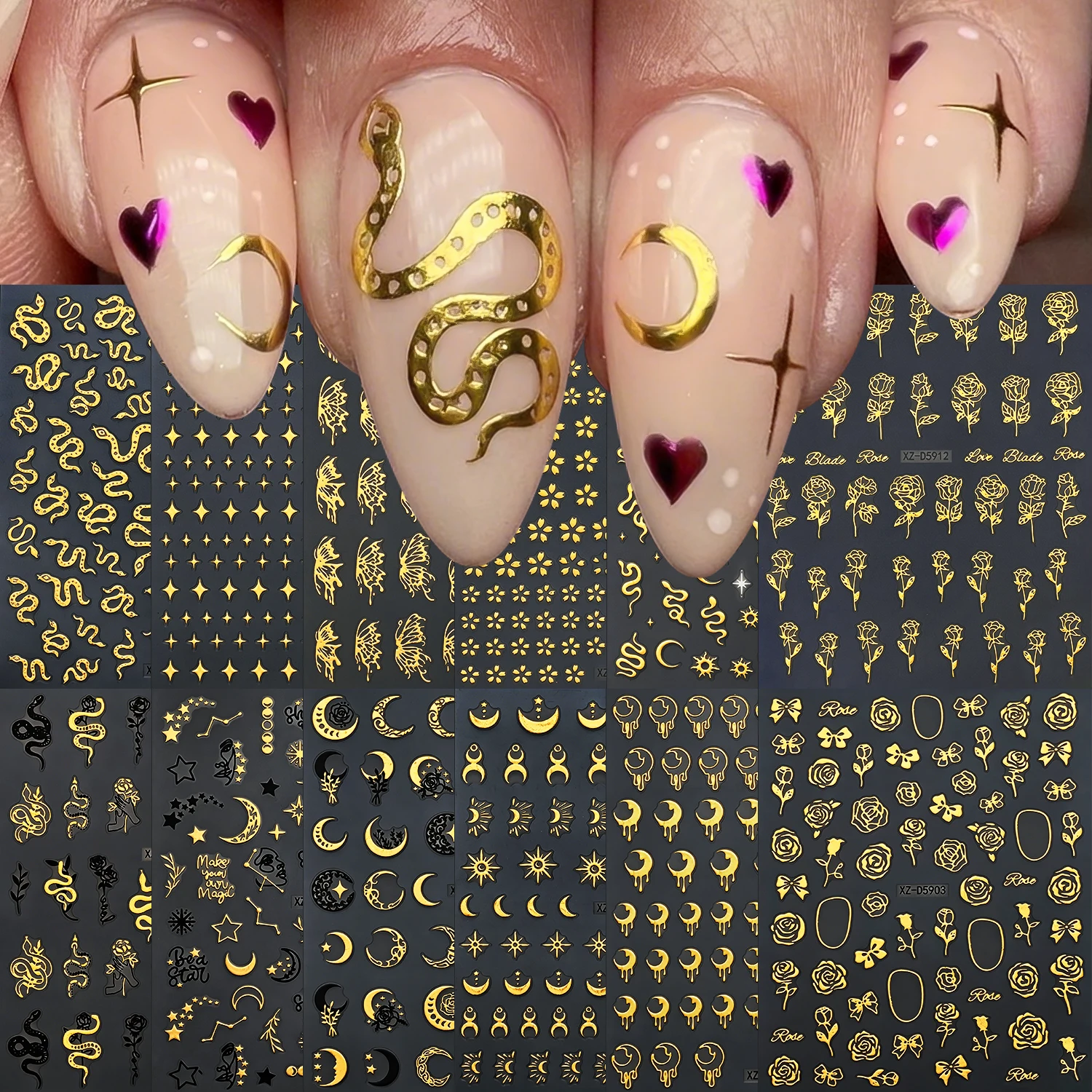 12pcs/set Bronzing Gold Star Moon Sun Nail Sticker 3D Flower Snake Butterfly Bohemia Style Nail Decals Y2k Manicure DIY Decorati