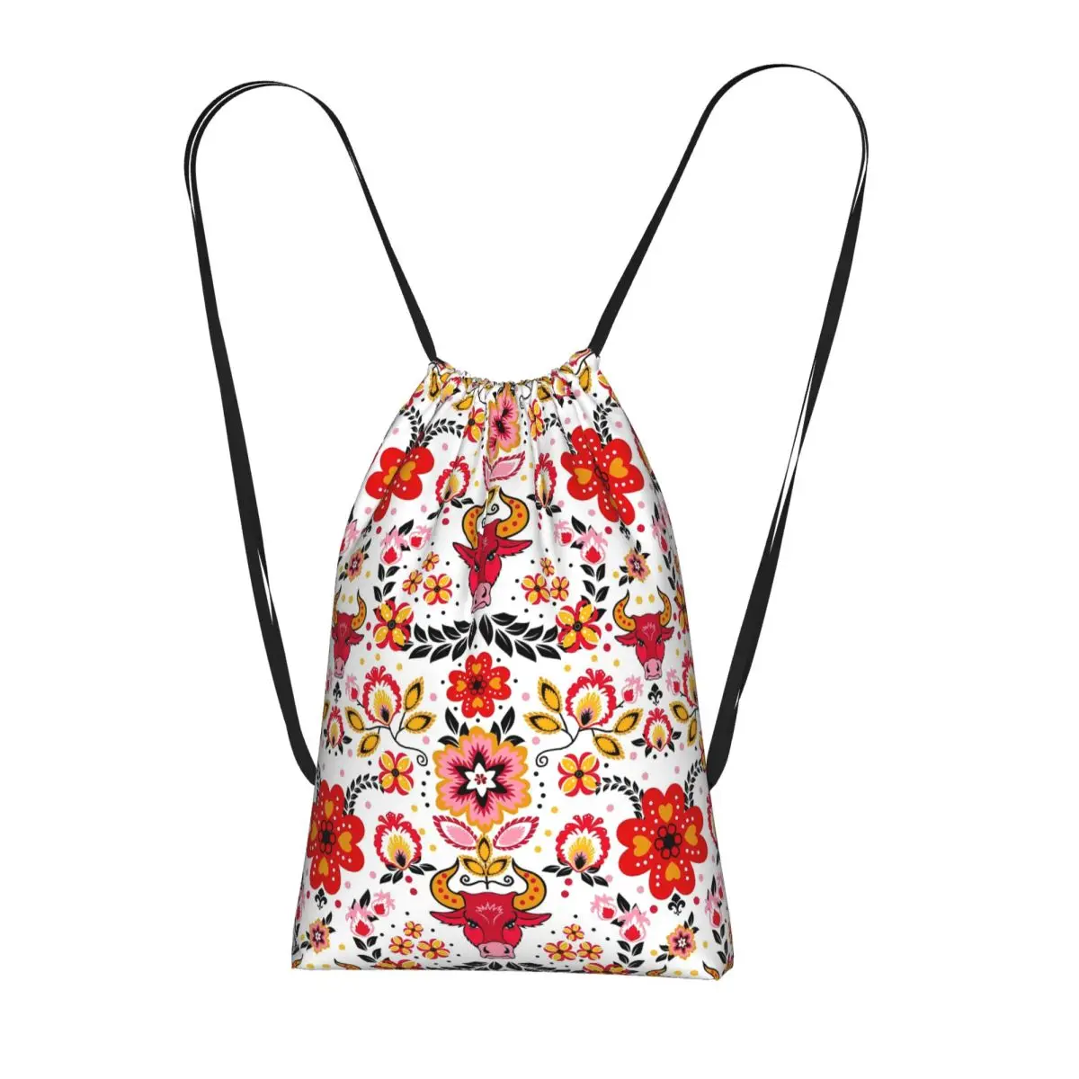 Ox Head Surrounding The Flowers Pattern Backpacks Portable Drawstring Bags Sports Bag Book Bags for Man Woman School